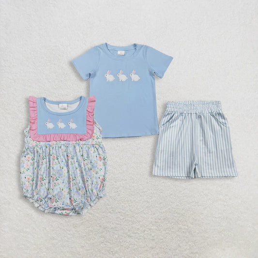 RTS Sibling Baby Boys Kids Embroidery Rabbits Shirt Stripes Pockets Shorts Set Romper Easter Clothes