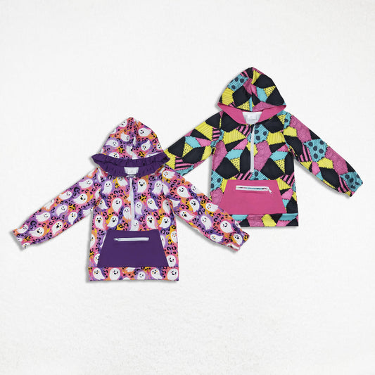 RTS Sibling Baby Girl Long Sleeves Halloween Ghosts Hoodie Zipper Pockets Shirt