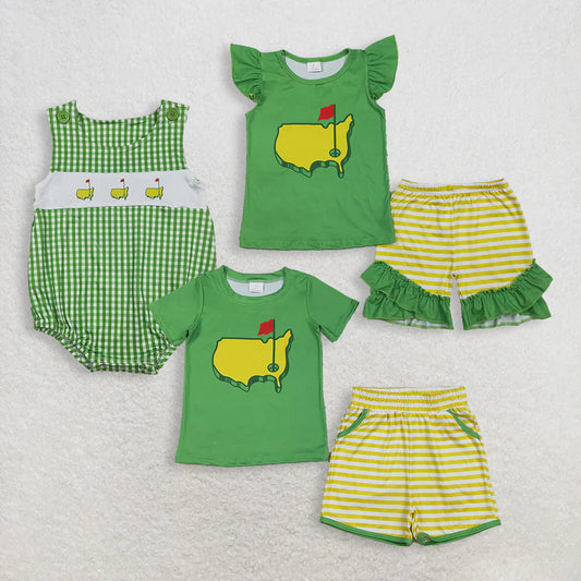 RTS Sibling Baby Boys Girls Kids Golf Green Romper Sets Summer Clothes