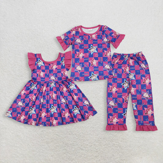 RTS Sibling Baby Girls Kids Short Sleeves Singer Stars Plaid Dress Pajamas Set