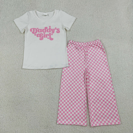 RTS Baby Kids Short Sleeves Daddy's Girl Hearts Shirt Pink Checked Pants Clothes Set
