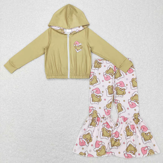 GLP0845 Baby Girls Christmas Frog Hooded Zip Tops Bell Pants Clothes Sets