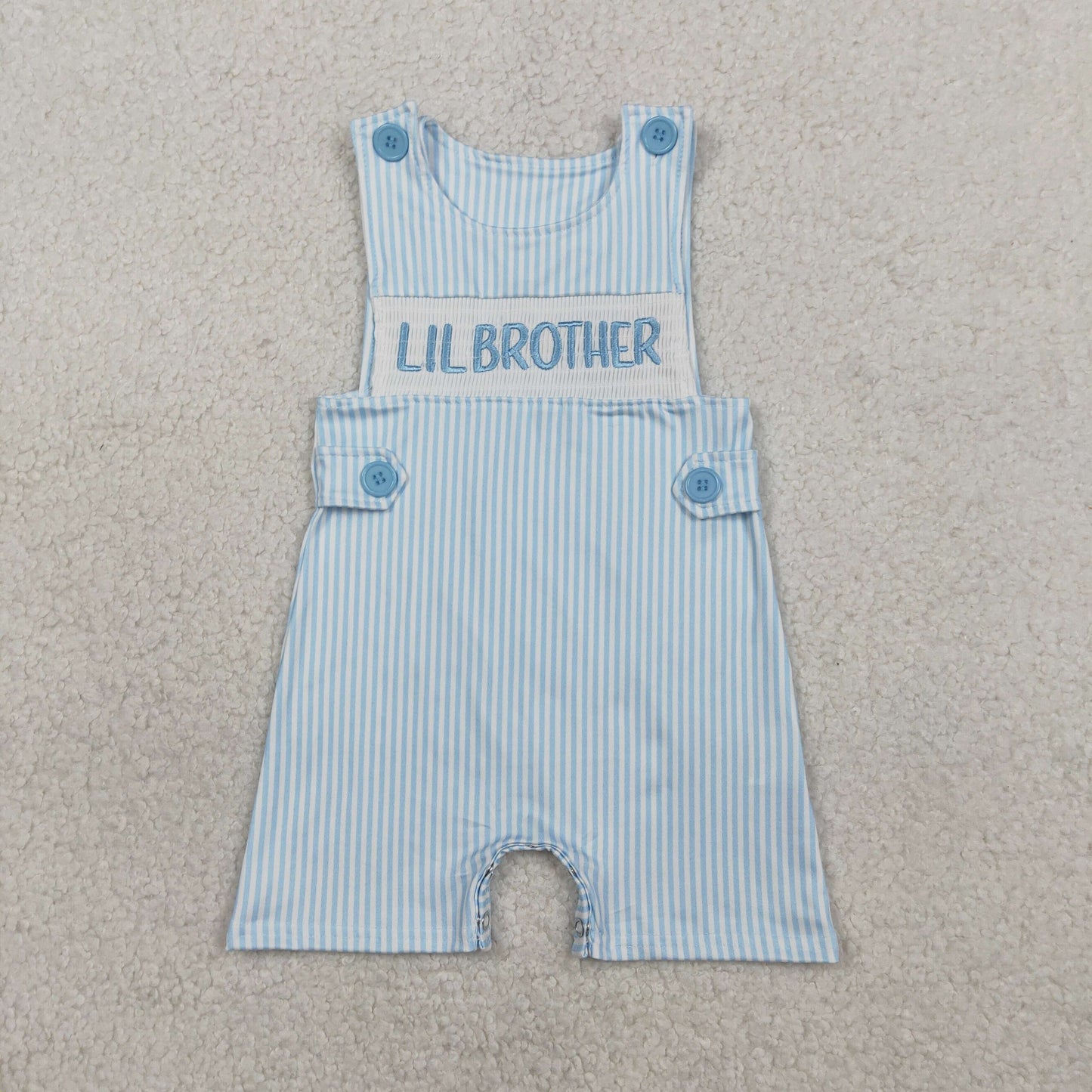 Baby Boys Sleeveless Embroidery Smocked Little Brother Blue Stripes Romper RTS