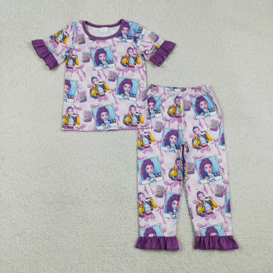 RTS Baby Girls Short Sleeves Singer Characters Purple Bows Shirt Pants Pajamas Set
