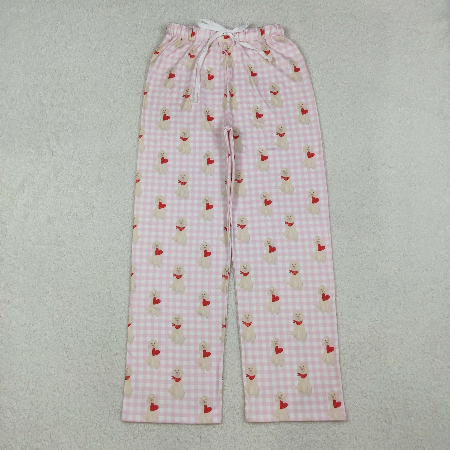 RTS Adult Woman Dogs Hearts Plaid Valentine's Day Pink Pajamas Pants