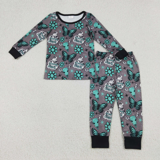 RTS Baby Girls Kids Long Sleeves Western Cow Print Turquoises Shirt Pants Pajamas Set