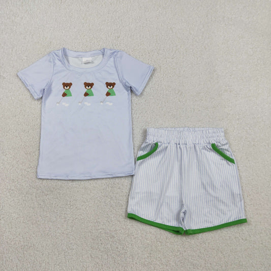 RTS Baby Boys Kids Short Sleeves Bear Blue Shirt Stripes Shorts Golf Outfit