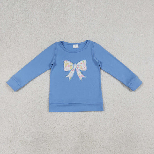RTS Baby Girls Blue Long Sleeves Embroidery Floral Bows Cotton Shirt Tops