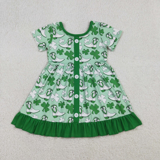 RTS Baby Girls Kids Short Sleeves Clovers Boots St Patrick Ruffle Green Dress