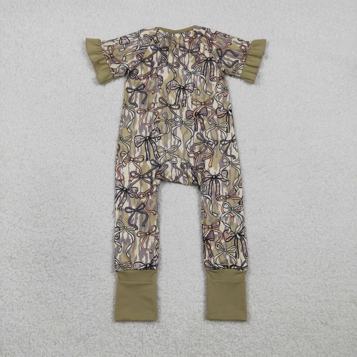 Baby Girls Kids Short Sleeves Camo Bows Zipper Sleeper Footie Romper RTS