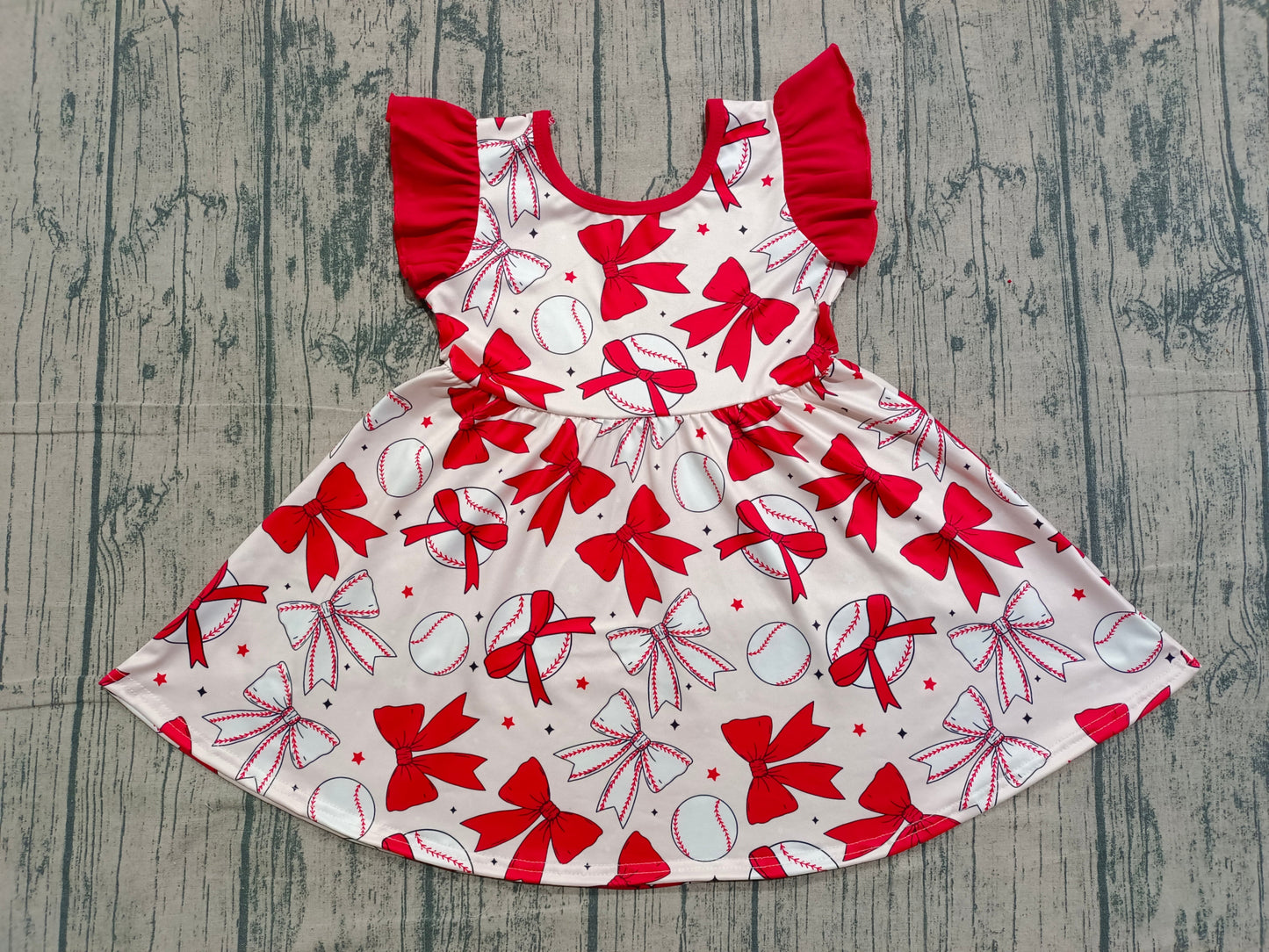 Baby Girls Kids Short Sleeves Baseball Red Bows Knee Length Dress RTS