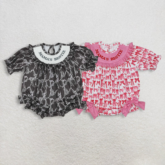 RTS Sibling Baby Girls Kids Embroidery Mama's Bestie Camo Bows Smocked Bubble Rompers