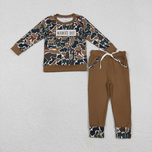 RTS Baby Boys Kids Embroidery Mama's Boy Camo Shirt Brown Pockets Pants Clothes Set