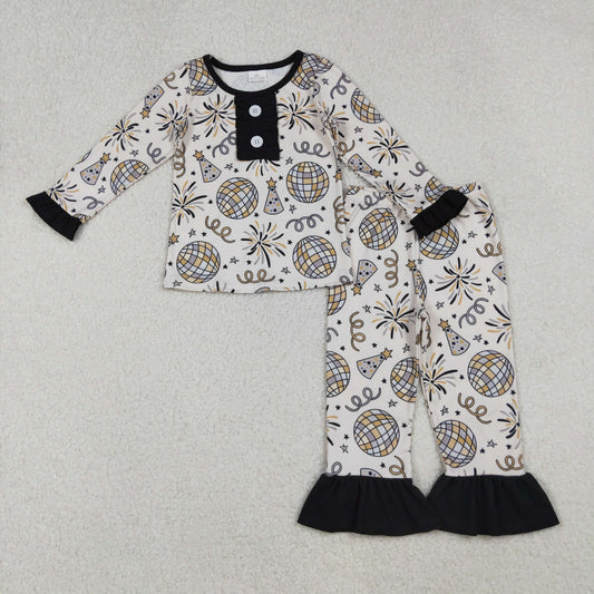 RTS Baby Girl Long Sleeves Happy New Year Buttons Shirt Pants Pajamas Set