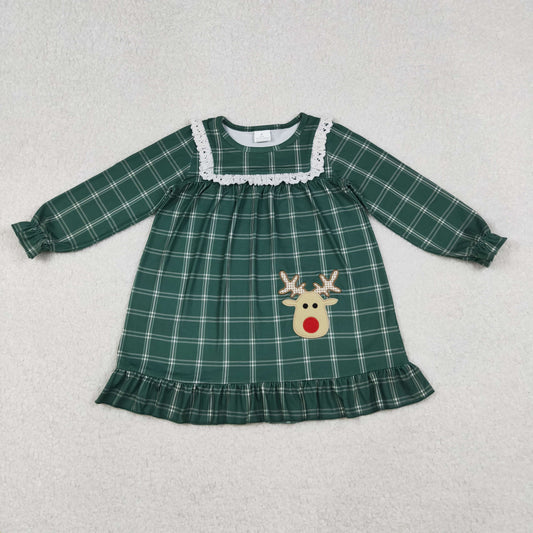 Baby Girls Kids Long Sleeves Christmas Embroidery Deer Ruffle Green Plaid Dress