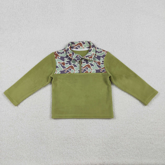 RTS Baby Boy Green Long Sleeves Camo Zipper Fleece Pullover Shirt Tops