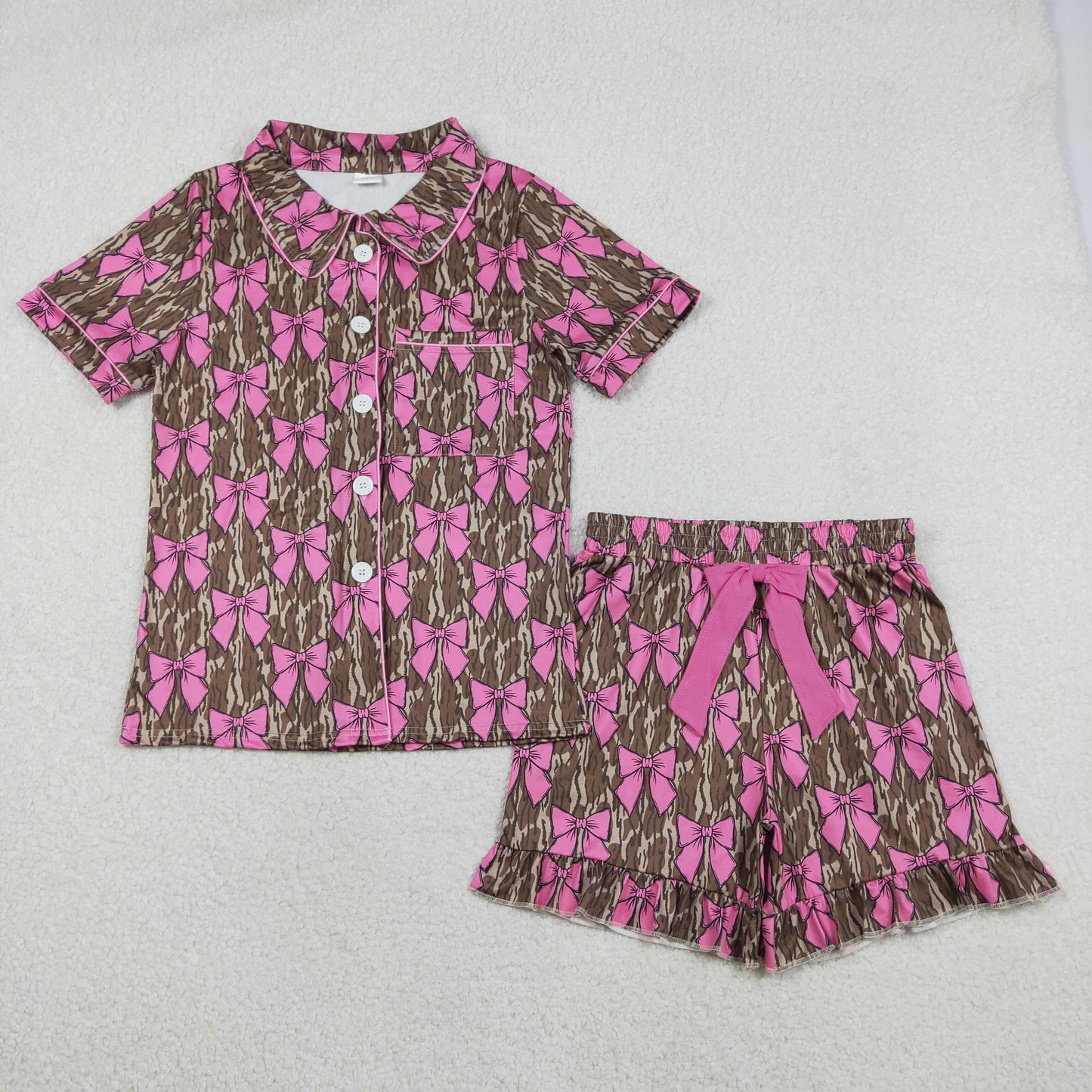 RTS Adult Women Short Sleeves Camo Buttons Pocket Shirt Ruffle Pink Bows Shorts Pajamas Set