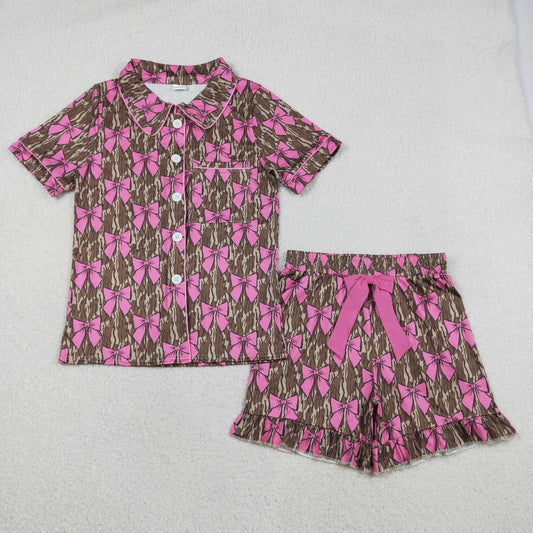 RTS Adult Women Short Sleeves Camo Buttons Pocket Shirt Ruffle Pink Bows Shorts Pajamas Set