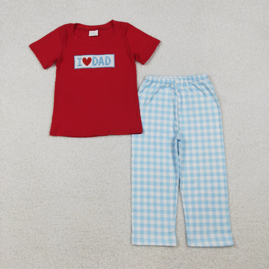 RTS Kids Boys Embroidery I Love DAD Red Shirt Plaid Pants Set Clothes