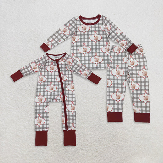 RTS Sibling Girls Kids Long Sleeves turkey Bows Plaid Thanksgiving Zipper Romper Pajamas Clothes Set