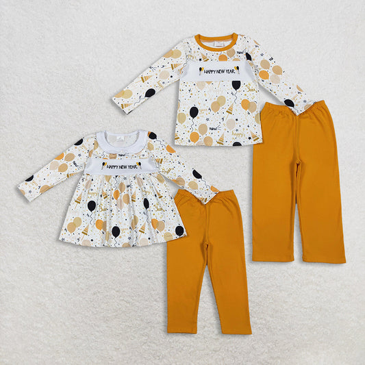 RTS Sibling Baby Boys Girls Kids Embroidery Happy New Year Balloons Tops Pants Clothes Set