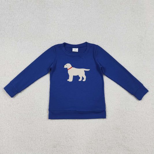 RTS Baby Boy Long Sleeves Embroidery Dog Blue Shirt Tops