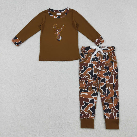 RTS Baby Boy Brown Long Sleeves Embroidery Deer Shirt Pockets Camo Pants Set