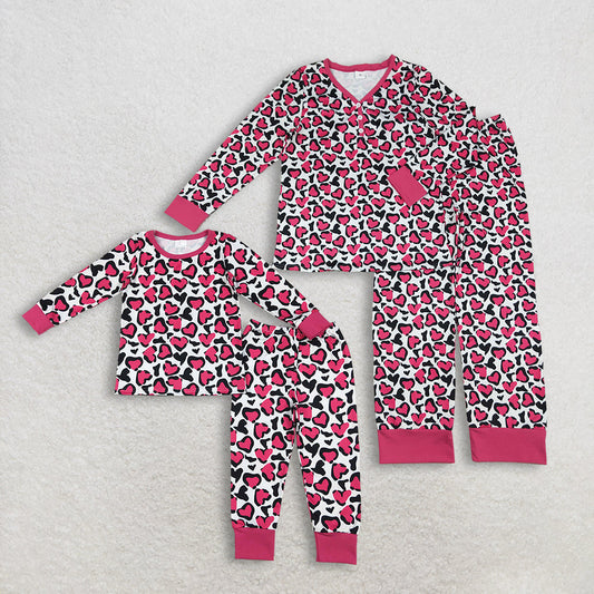 RTS Sibling Baby Girls Adult Women Hearts Leopard Shirts Pants Valentines Pajamas Mommy and Me Sets