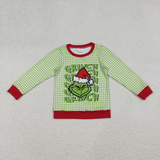 RTS Baby Boy Long Sleeves Green Face Christmas Plaid Shirt
