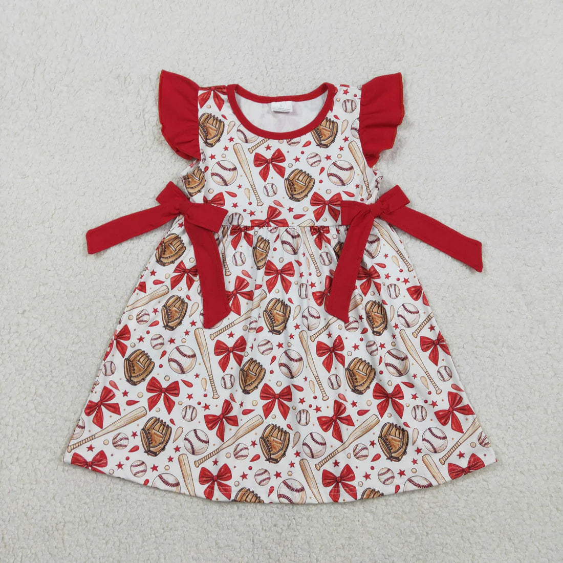 RTS Baby Girl Kids Short Sleeves Baseball Bows Knee Length Dress