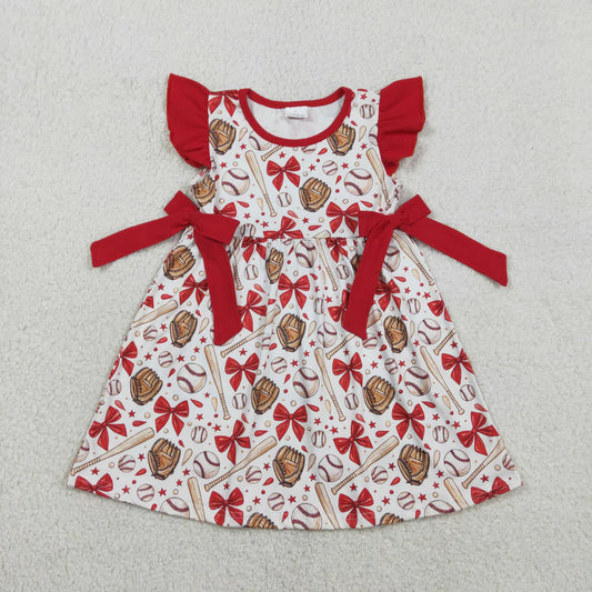 RTS Baby Girl Kids Short Sleeves Baseball Bows Knee Length Dress