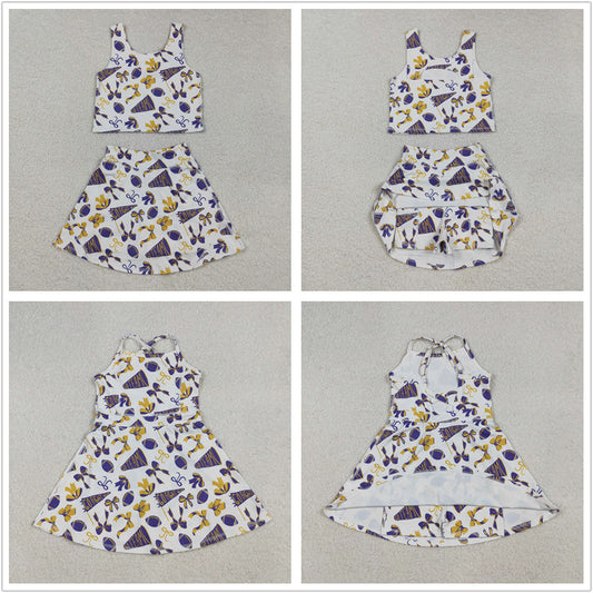 RTS Sibling Baby Girl Kids Cheer Purple Bows Football Team Yoga Active Dress Set Clothes