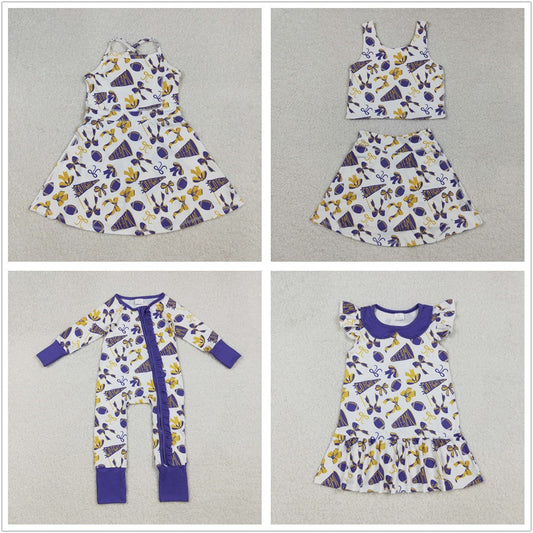 RTS Sibling Baby Girl Kids Cheer Purple Bows Football Team Zipper Romper Dress Set