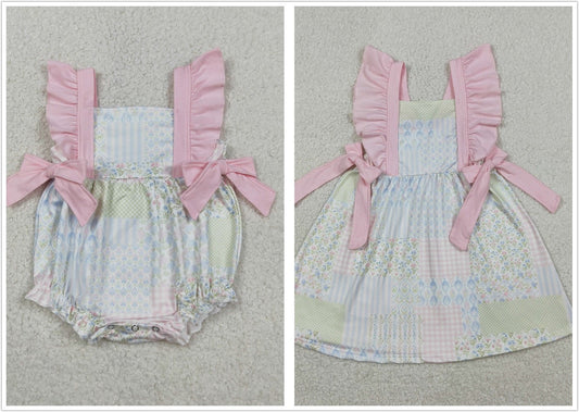 Sibling Baby Girls Kids Short Sleeves Floral Pink Bows Summer Bubble Romper Dress RTS