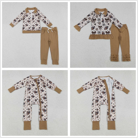 RTS Sibling Boys Girls Kids Long Sleeves Football Stars Plaid Fall Zipper Romper Set