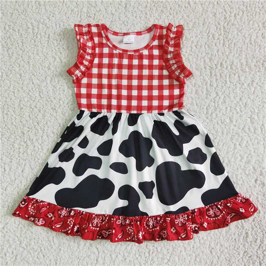 8.7 RTS NO MOQ Summer Baby Girls Dresses GSD0015 Cow red sleeveless knee length dresses