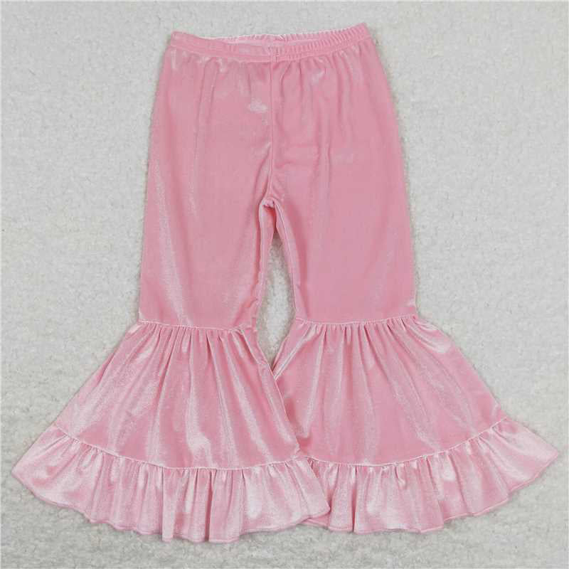 RTS NO MOQ Baby Girls Long Pants P0416 Pink Velvet Ruffle Bell Bottom Pants