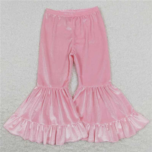 RTS NO MOQ Baby Girls Long Pants P0416 Pink Velvet Ruffle Bell Bottom Pants