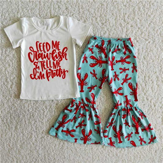 summer girl white letter top lobster pattern flare pants suit kids short sleeve outfit