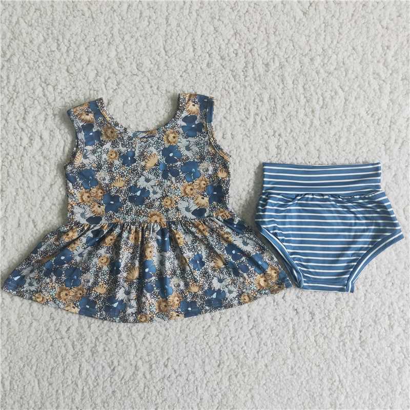 A8-11 Sleeveless Yellow Floral Stripe Thong Set