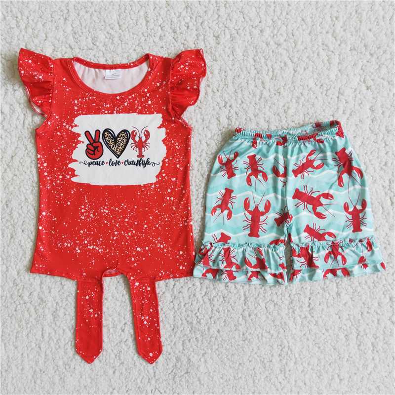 girl red tie-dye flutter sleeve top and lobster pattern shorts set summer kids outfit with bow