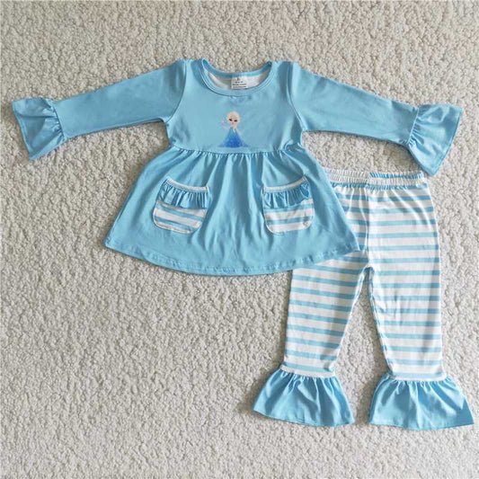 girl sky-blue color tunic top stripes pants suit kids long sleeve outfit with pockets