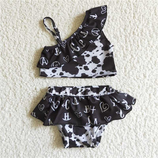 S0003  Black Ink Dye Pattern Girls Two-Piece Swimsuit