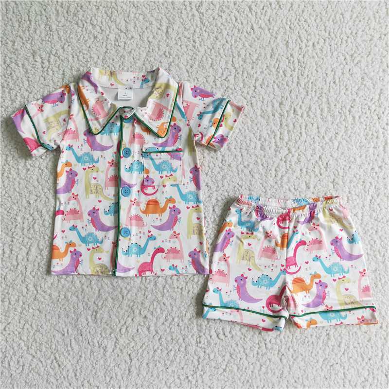 BSSO0052  Boys Colorful Dinosaur Button Short Sleeve Shorts Set