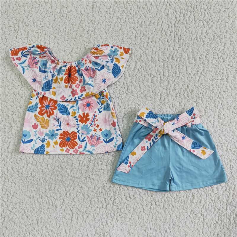 GSSO0099 Girls Floral One Shoulder Bow Blue Shorts Set