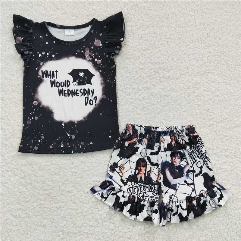 GSSO0177 Girls letter Black Flying Sleeve Shorts Set