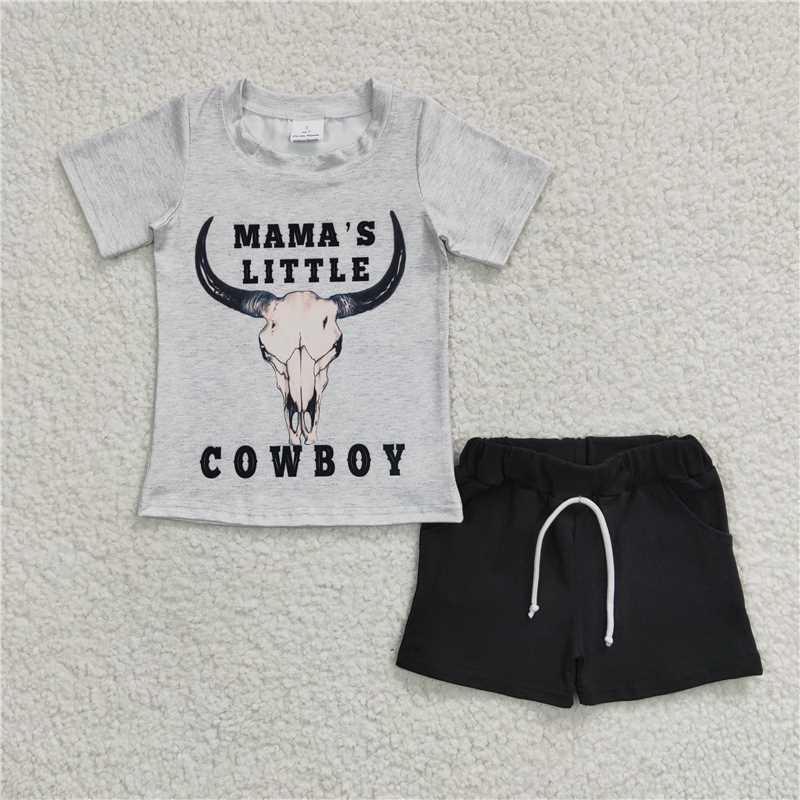 BSSO0192 Boys mamas little bull head short sleeve black shorts set