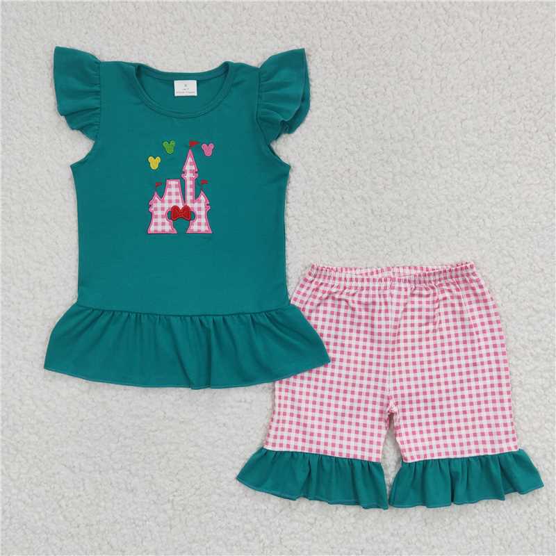 GSSO0151 Girls Embroidered Cartoon Castle Green Flying Sleeves Red Shorts Set