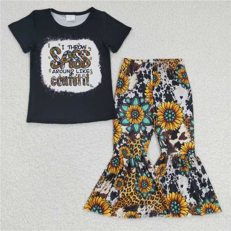 GSPO0484  Girls Sunflower Black Short Sleeve Trousers Set