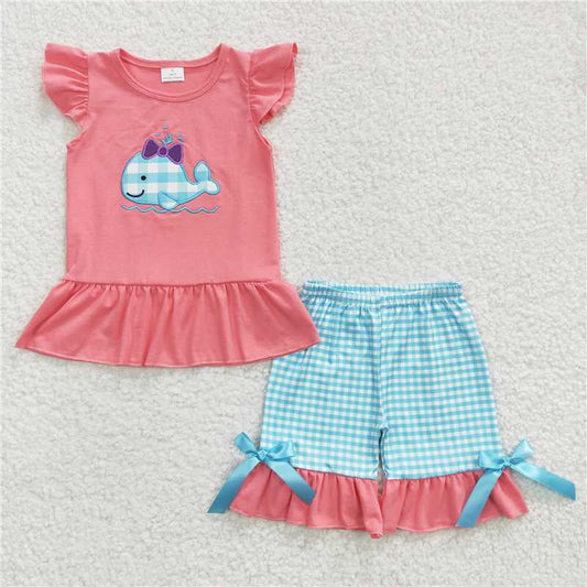 GSSO0150 Girls Embroidered Cartoon Red Flying Sleeve Blue Shorts Set